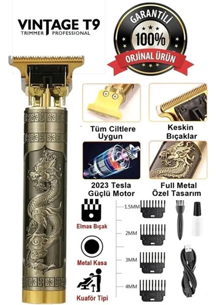 Vintage T9 Profesyonel Şarjlı Saç ve Sakal Kesme Makinesi – Metal Gövdeli Trimmer, 0 mm Kesim, 4 Başlıklı Erkek Tıraş Makinesi fiyatları