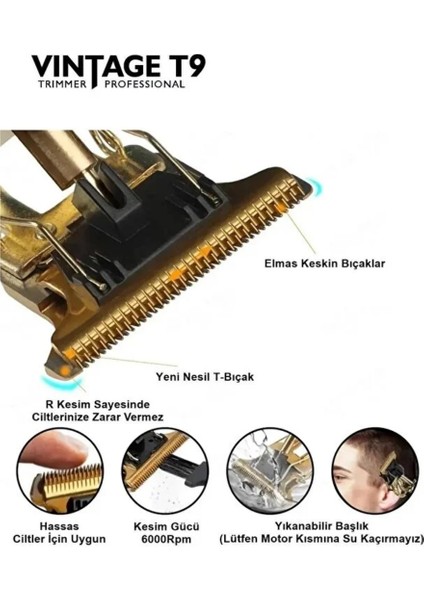 Vintage T9 Profesyonel Şarjlı Saç ve Sakal Kesme Makinesi – Metal Gövdeli Trimmer, 0 mm Kesim, 4 Başlıklı Erkek Tıraş Makinesi modelleri