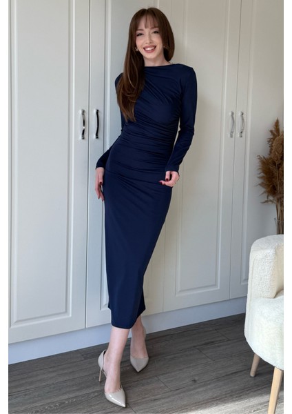 Zarif Drapeli Uzun Kollu Midi Lacivert Elbise