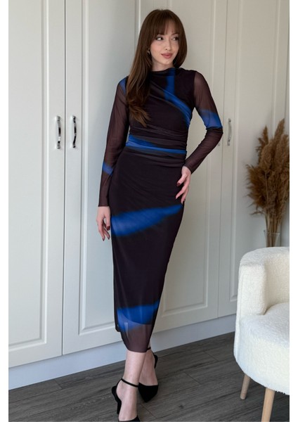 Drapeli Uzun Kol Mavi Karışık Zarif Desenli Midi Tül Elbise