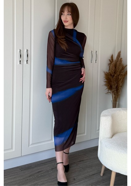 Drapeli Uzun Kol Mavi Karışık Zarif Desenli Midi Tül Elbise