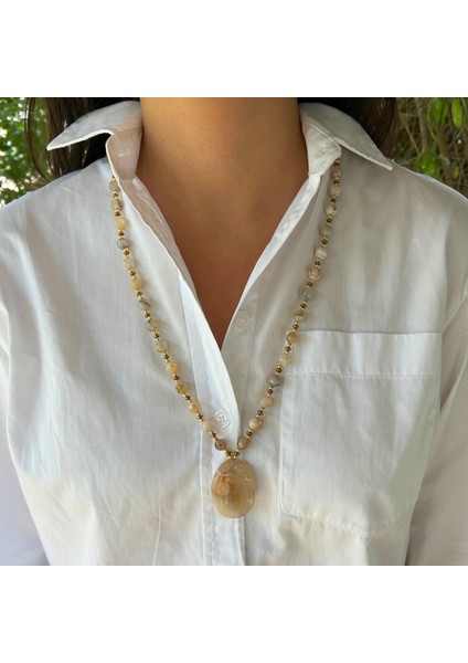 Özel Tasarım Botswana Akik Doğal Taş Akik Doğaltaş Uçlu El Yapımı Uzun Kadın Kolye