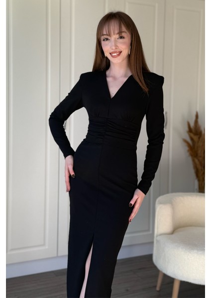 Vatkalı Beli Drapeli Önü Yırtmaçlı Midi Siyah Elbise