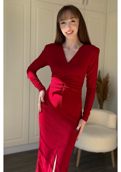 Vatkalı Beli Drapeli Önü Yırtmaçlı Midi Kırmızı Elbise