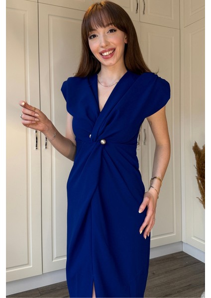 Kruvaze Yaka Vatkalı Incili Saks Mavisi Elbise