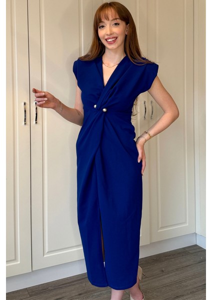 Kruvaze Yaka Vatkalı Incili Saks Mavisi Elbise