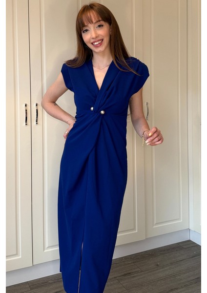 Kruvaze Yaka Vatkalı Incili Saks Mavisi Elbise