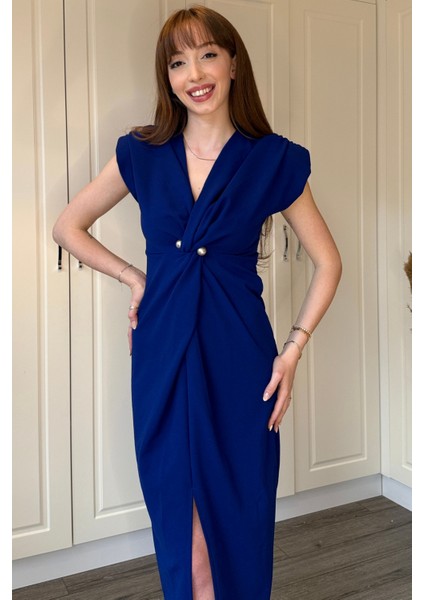 Kruvaze Yaka Vatkalı Incili Saks Mavisi Elbise