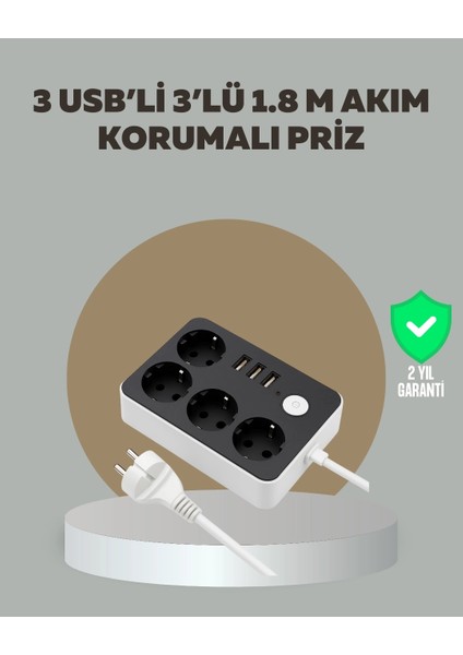 Buğz 4 Prizli 3 USB Portlu Anahtarlı Akım Korumalı Priz