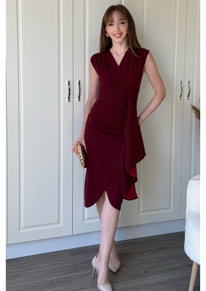 Fırfır Detaylı Kruvaze Yaka Midi Bordo Elbise fırsatları