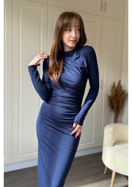 Zarif Drapeli Uzun Kollu Midi Lacivert Elbise modelleri