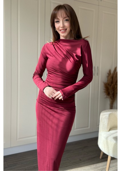 Zarif Drapeli Uzun Kollu Midi Bordo Elbise