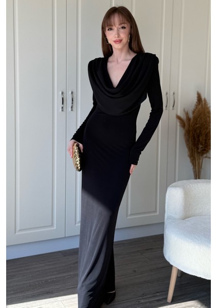 Degaje Yaka Vatkalı Zarif Maxi Siyah Elbise fiyatları