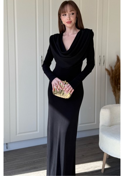 Degaje Yaka Vatkalı Zarif Maxi Siyah Elbise modelleri