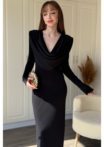 Degaje Yaka Vatkalı Zarif Maxi Siyah Elbise