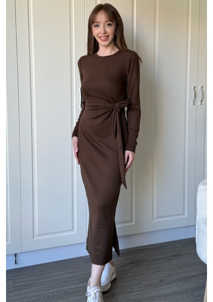 Bağlamalı Modal Uzun Kollu Midi Kahverengi Elbise modelleri