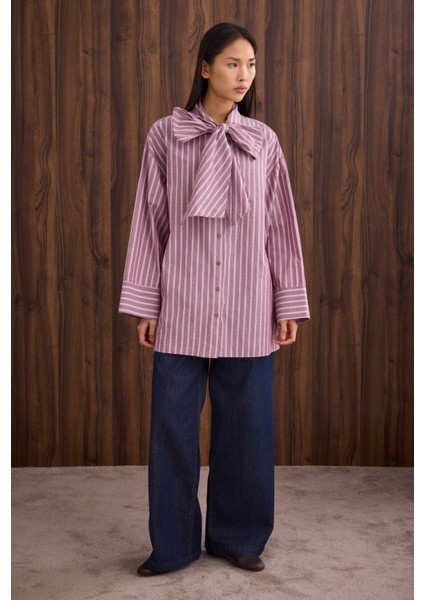 Fiyonk Detaylı Gömlek Bordo Çizgi