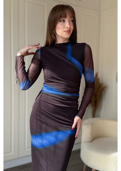 Drapeli Uzun Kol Mavi Karışık Zarif Desenli Midi Tül Elbise fiyatları