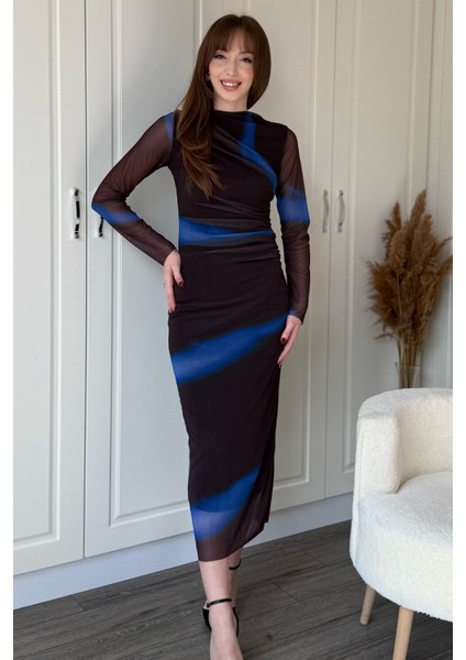 Drapeli Uzun Kol Mavi Karışık Zarif Desenli Midi Tül Elbise