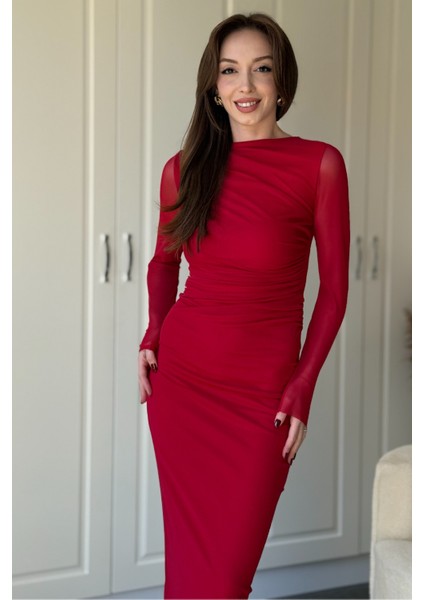 Drapeli Uzun Kol Kırmızı Midi Tül Elbise