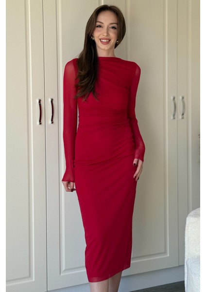 Drapeli Uzun Kol Kırmızı Midi Tül Elbise modelleri