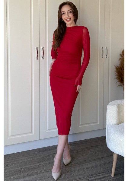 Drapeli Uzun Kol Kırmızı Midi Tül Elbise indirimleri