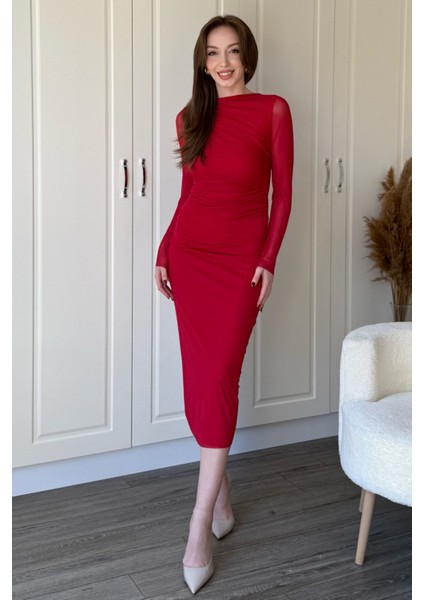 Drapeli Uzun Kol Kırmızı Midi Tül Elbise