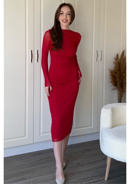 Drapeli Uzun Kol Kırmızı Midi Tül Elbise