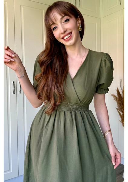 Müslin Kumaş Kısa Kol Midi Haki Elbise