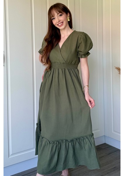 Müslin Kumaş Kısa Kol Midi Haki Elbise fiyatları