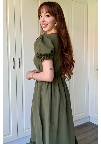 Müslin Kumaş Kısa Kol Midi Haki Elbise modelleri