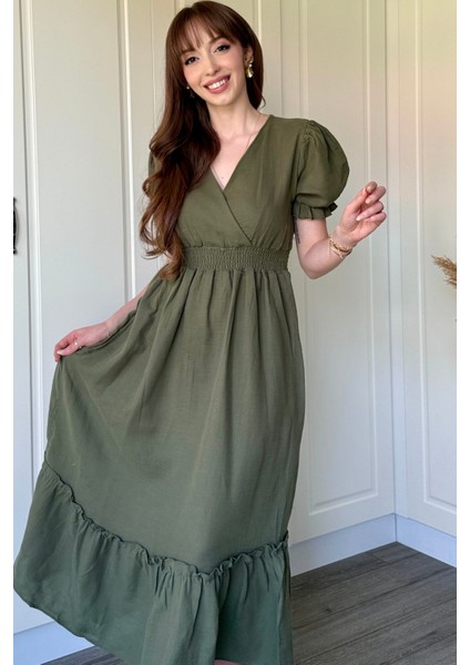 Müslin Kumaş Kısa Kol Midi Haki Elbise fırsatları