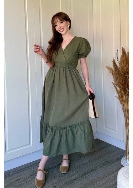 Müslin Kumaş Kısa Kol Midi Haki Elbise