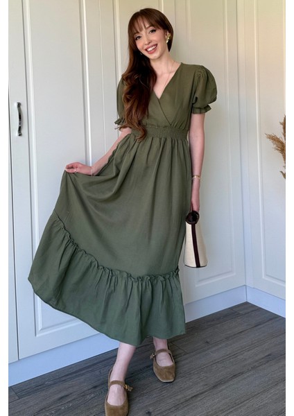Müslin Kumaş Kısa Kol Midi Haki Elbise