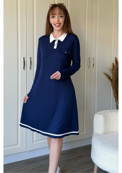 Polo Yaka Uzun Kollu Lacivert Elbise fırsatları