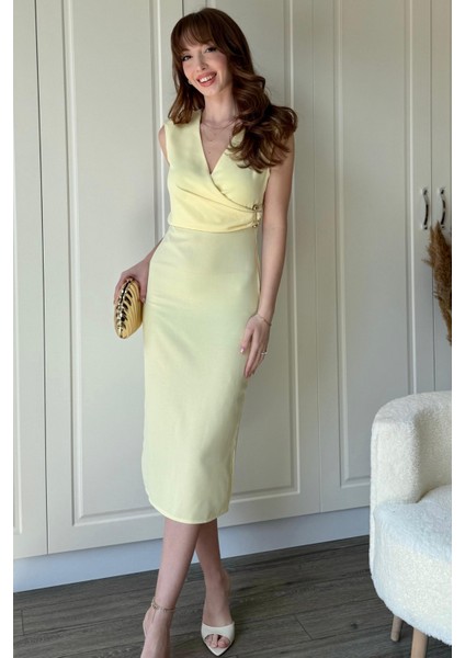 Drapeli Aksesuarlı Sarı Midi Elbise indirimleri