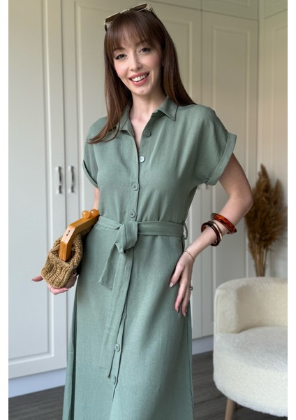 Keten Gömlek Haki Elbise
