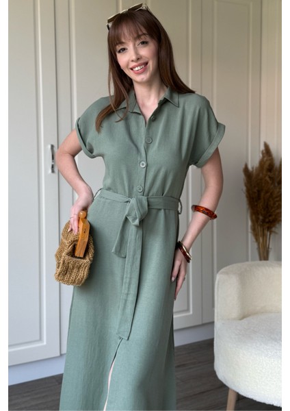 Keten Gömlek Haki Elbise modelleri