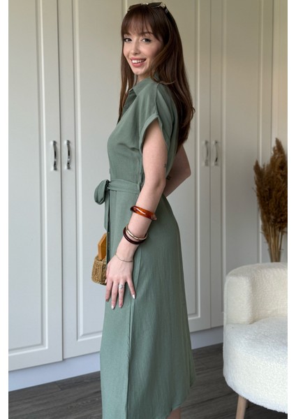 Keten Gömlek Haki Elbise
