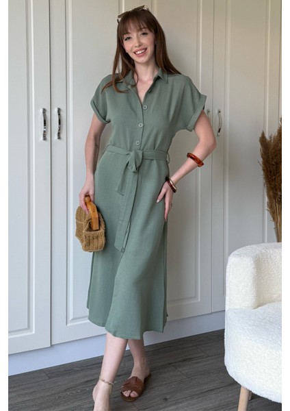 Keten Gömlek Haki Elbise