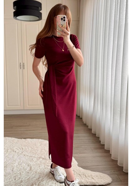 Bağlamalı Bordo Midi Modal Elbise modelleri