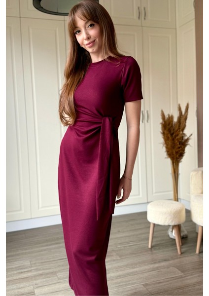 Bağlamalı Bordo Midi Modal Elbise