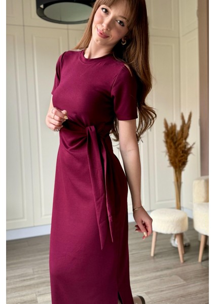 Bağlamalı Bordo Midi Modal Elbise
