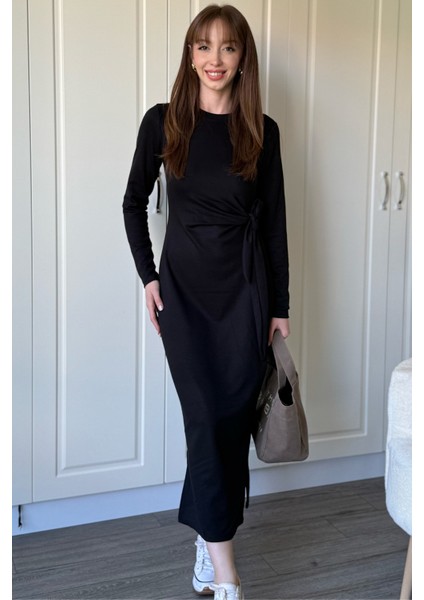 Bağlamalı Modal Uzun Kollu Midi Siyah Elbise fiyatları