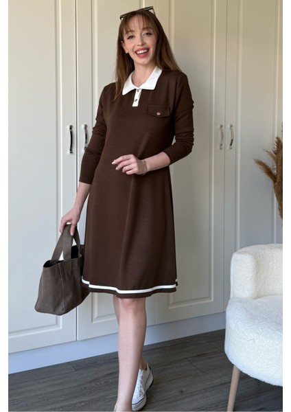 Polo Yaka Uzun Kollu Kahverengi Elbise modelleri