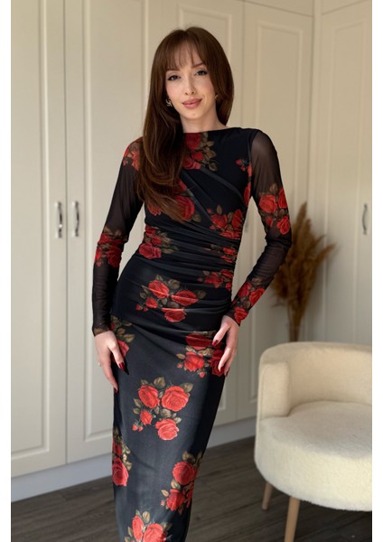 Drapeli Uzun Kol Gül Desenli Midi Tül Elbise fiyatları