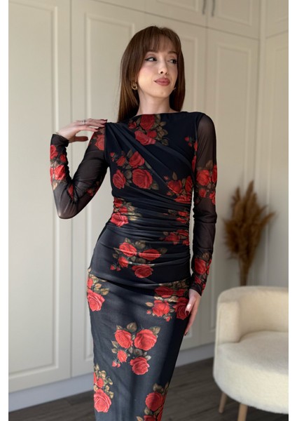 Drapeli Uzun Kol Gül Desenli Midi Tül Elbise fırsatları