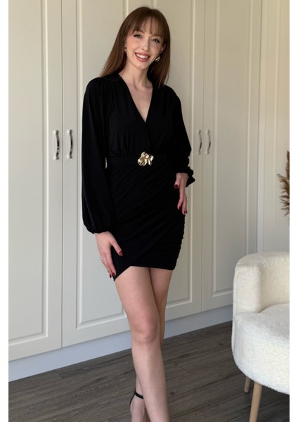 Balon Uzun Kollu Aksesuar Detaylı Kemerli Mini V Yaka Siyah Elbise indirimleri