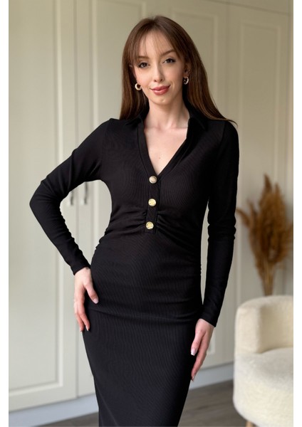 Ribana Kumaş Gold Düğmeli V Yaka Siyah Midi Elbise