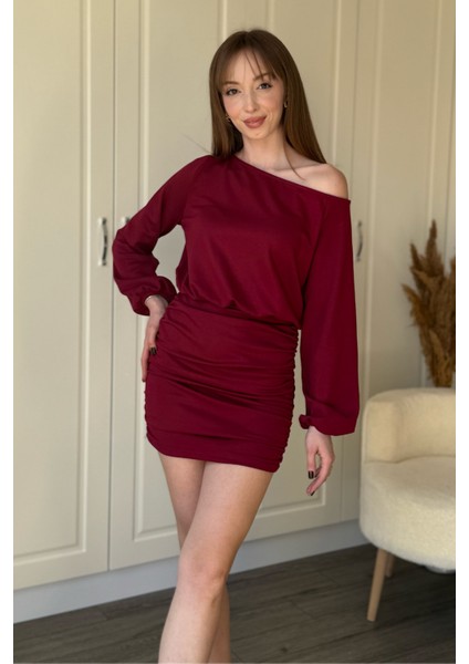 Kayık Yaka Modal Kumaş Cool Eteği Ayarlanabilir Mini Bordo Elbise fiyatları